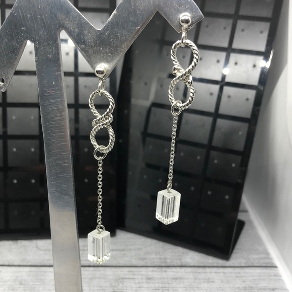 SILVER tone infinity long crystal cube bead dangle drop chain earrings dressy. - Picture 1 of 4
